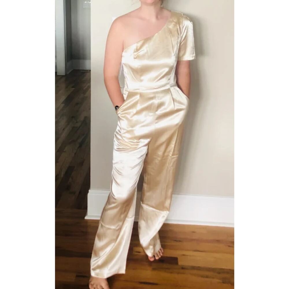 Sale!! Lulus Beige Satin One-Shoulder Jumpsuit Size S, Elegant Bridal/Event Wear